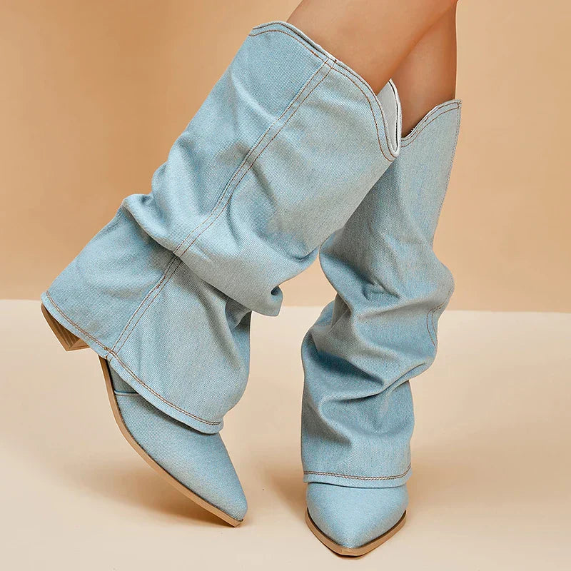 Bottes Hautes en Denim pour Femme avec Talon Bloc et Bout Pointu