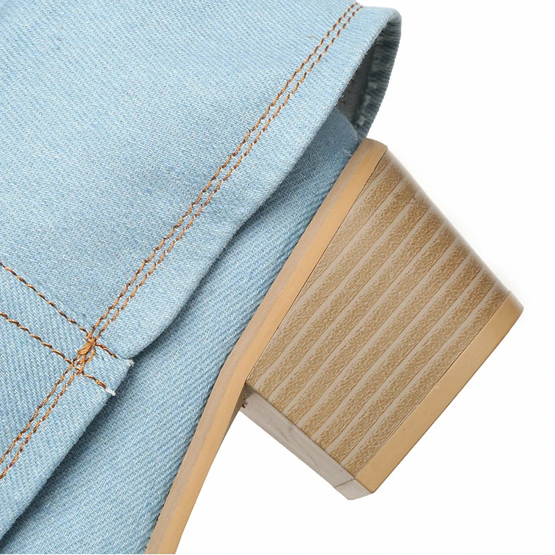 Bottes Hautes en Denim pour Femme avec Talon Bloc et Bout Pointu