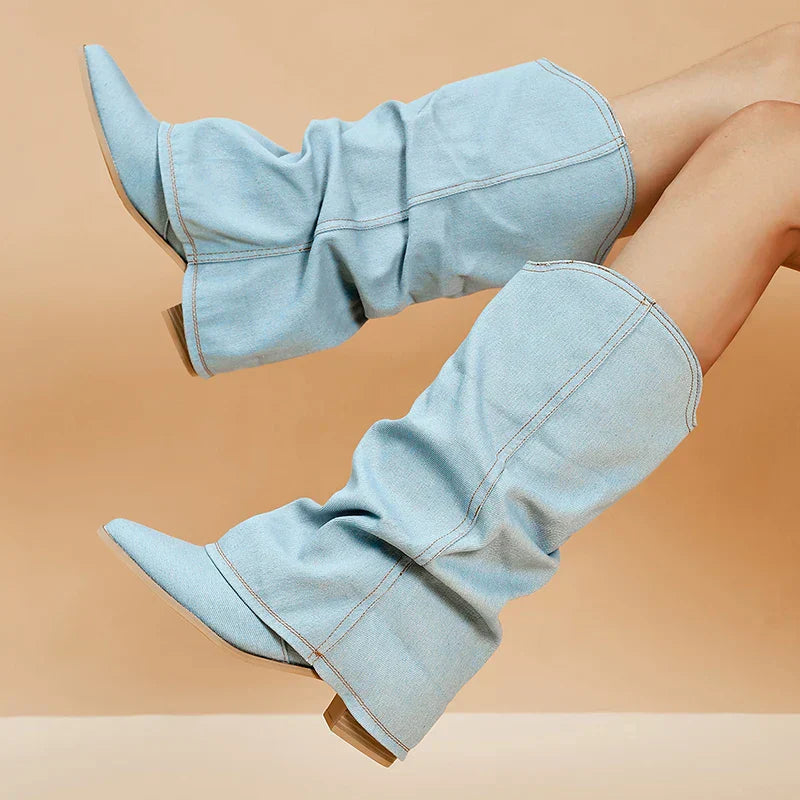 Bottes Hautes en Denim pour Femme avec Talon Bloc et Bout Pointu