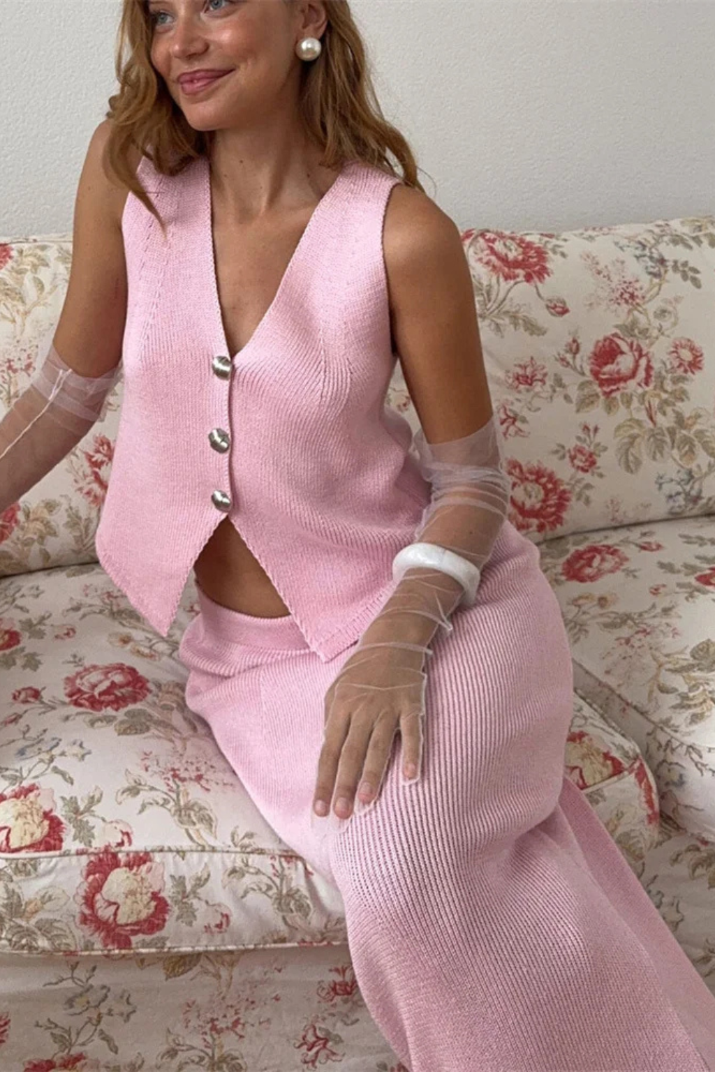 Conjunto Saia Longa e Top Sem Mangas em Malha Fina para Convidada de Casamento