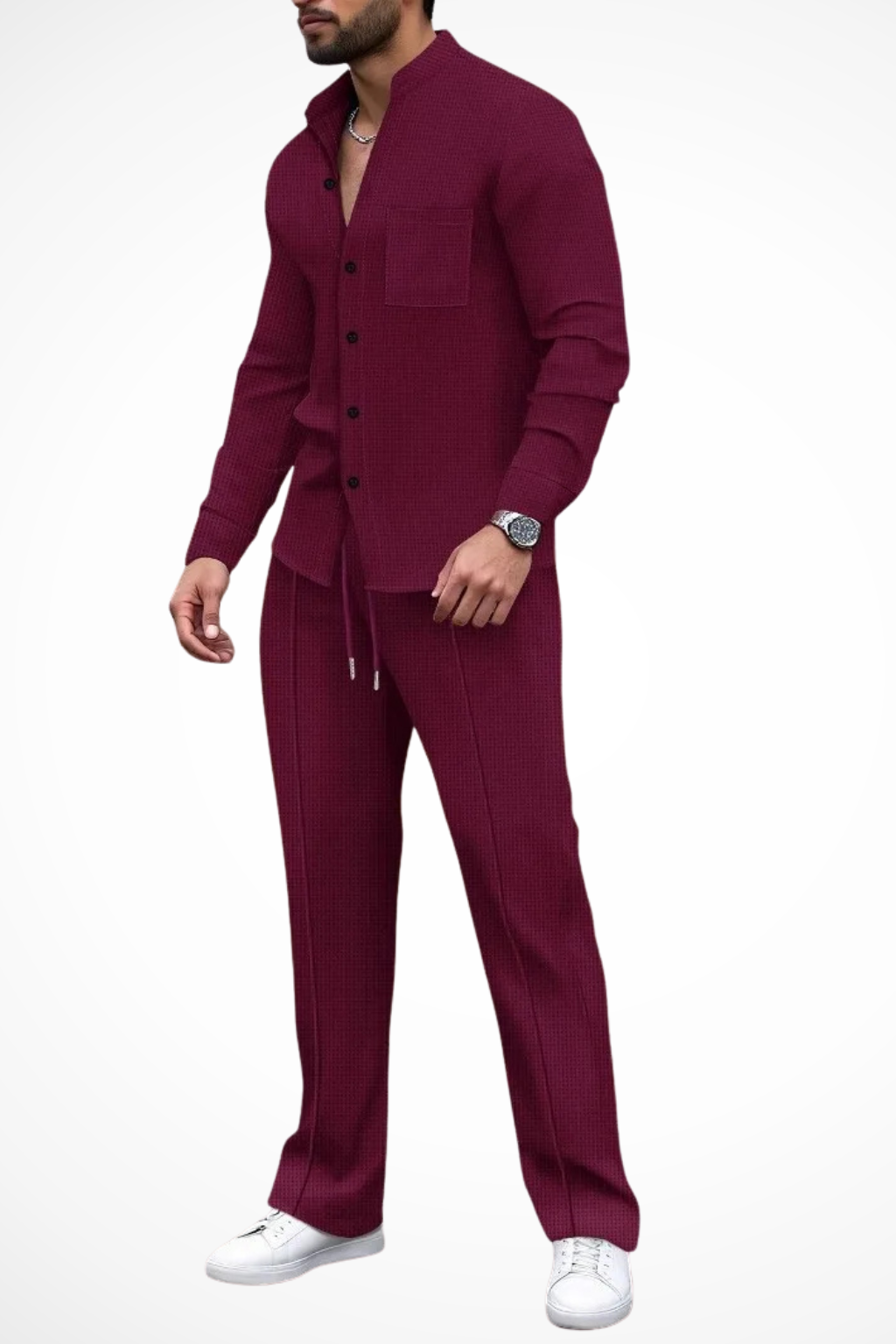 Ensemble 2 Pièces Homme avec Chemise à Col Officier et Pantalon à Cordon