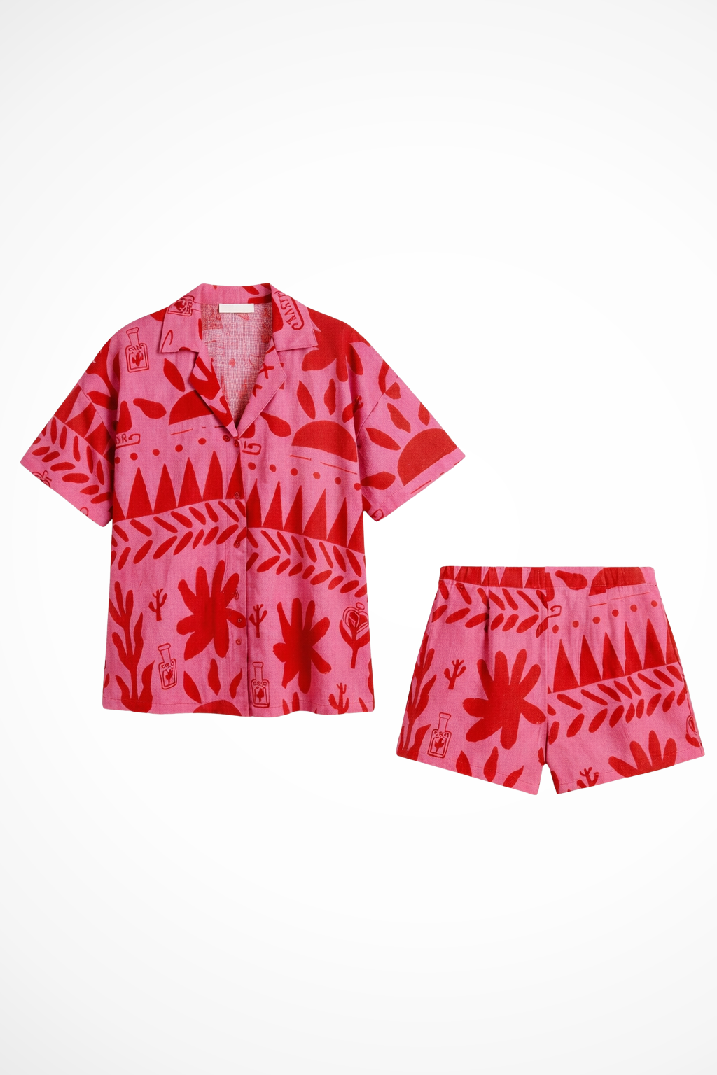 To-delt sæt til kvinder med skjorte med camp-krave og printede shorts