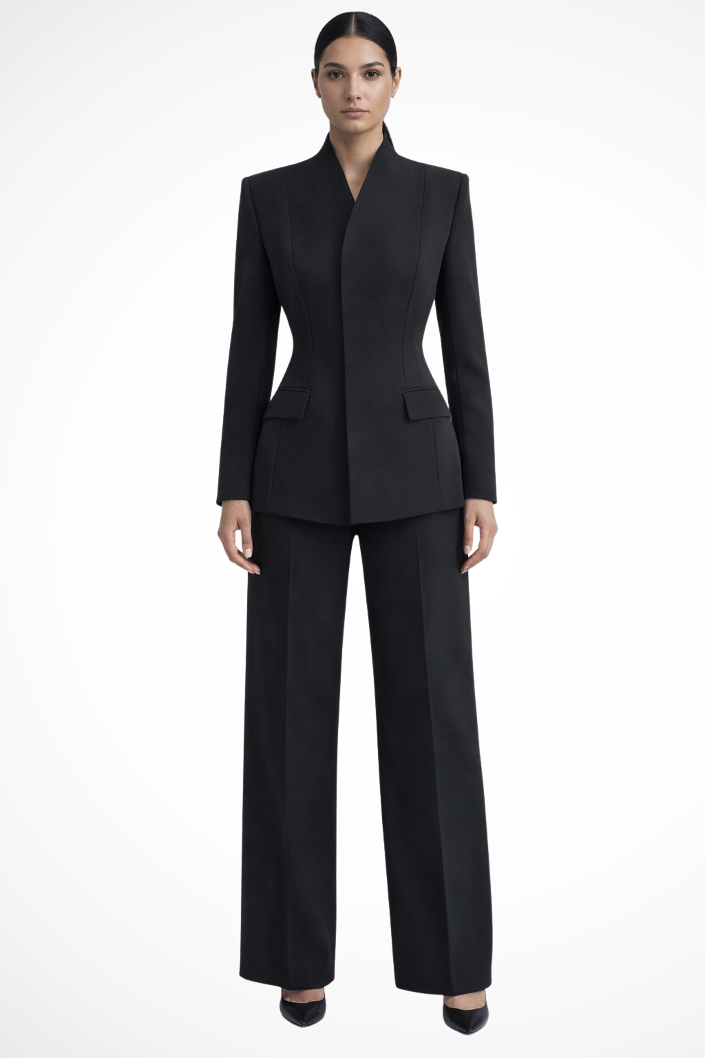 To-delt damekostume med struktureret blazer og elegant flydende bukser