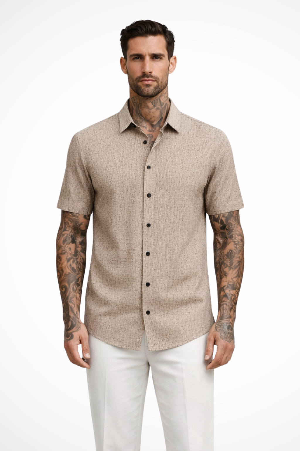 Camisa Casual de Manga Curta para Homem com Textura Sutil e Gola Pontuda