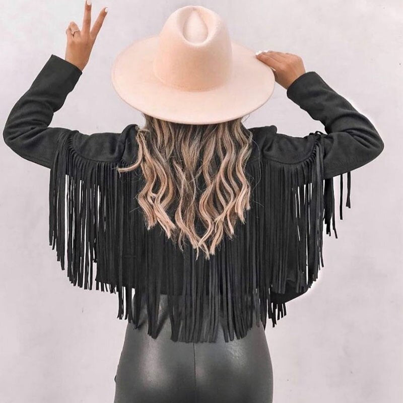 Veste Style Western en Simili Suède avec Franges et Coupe Courte pour Femme
