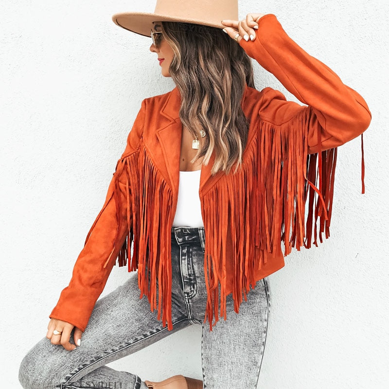 Veste Style Western en Simili Suède avec Franges et Coupe Courte pour Femme
