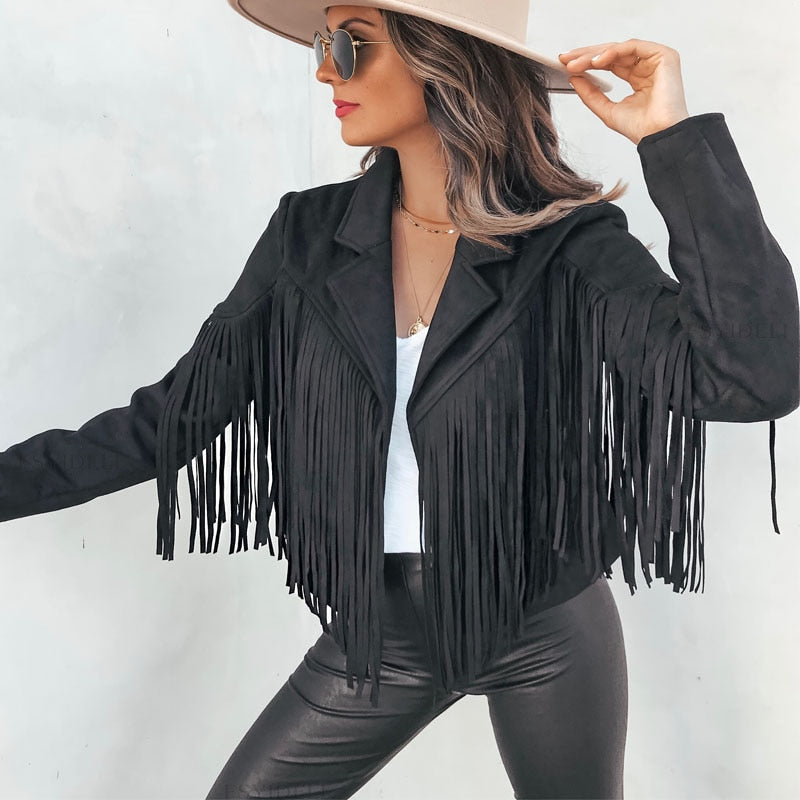 Veste Style Western en Simili Suède avec Franges et Coupe Courte pour Femme