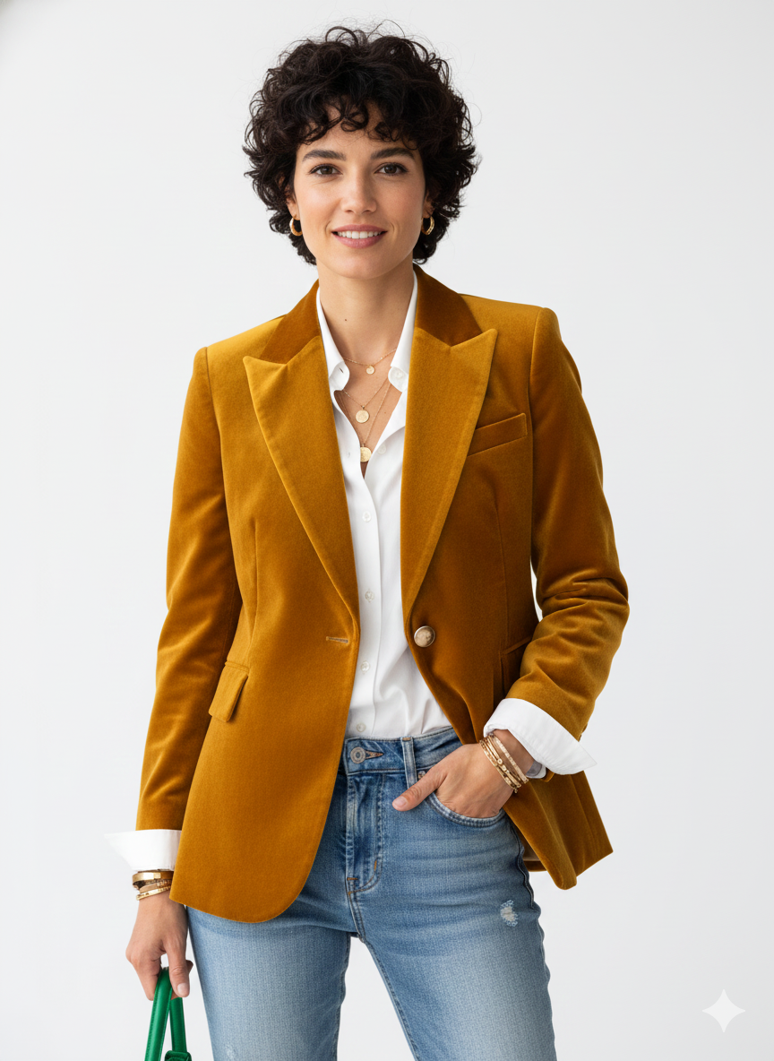 Blazer en velours à un bouton avec col à revers et coupe ajustée pour femme