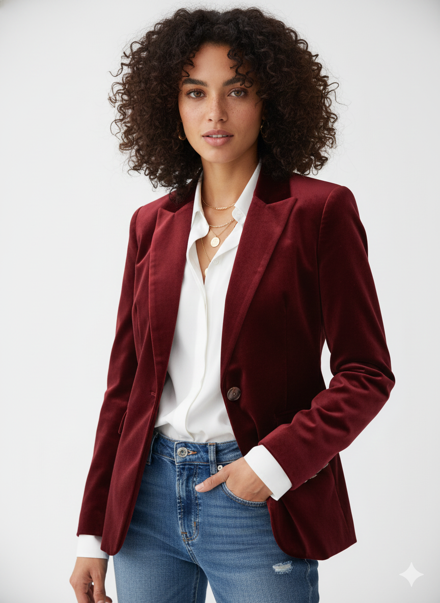 Blazer en velours à un bouton avec col à revers et coupe ajustée pour femme