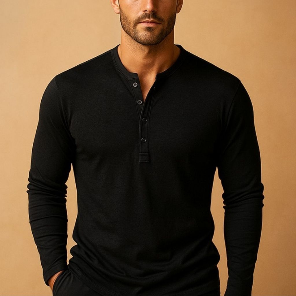 Henley da uomo in cotone per tutti i giorni, collo con bottoni, vestibilità aderente, maniche lunghe
