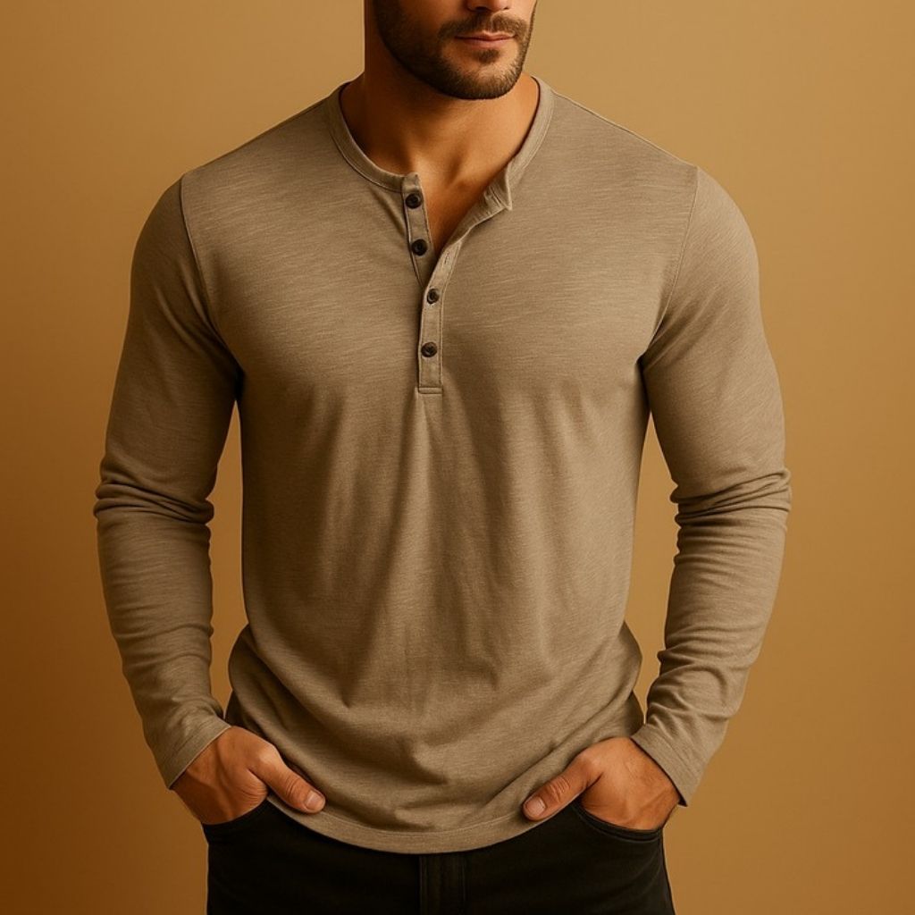 Henley da uomo in cotone per tutti i giorni, collo con bottoni, vestibilità aderente, maniche lunghe