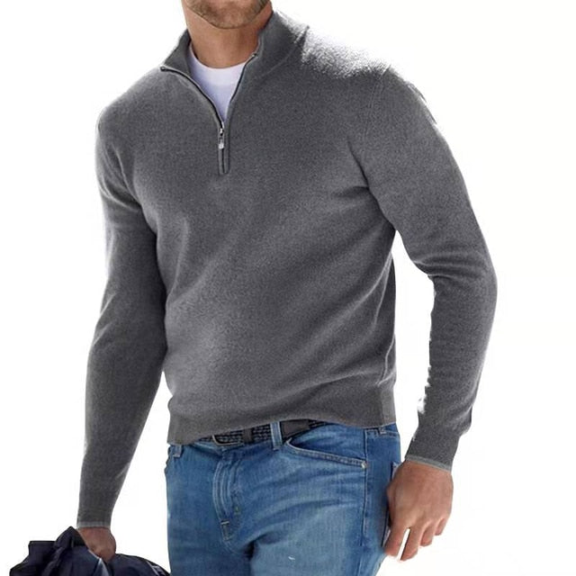 Herre-pullover med halvhøj lynlås, afslappet kontorstil, blød strik og moderne, tætsiddende pasform