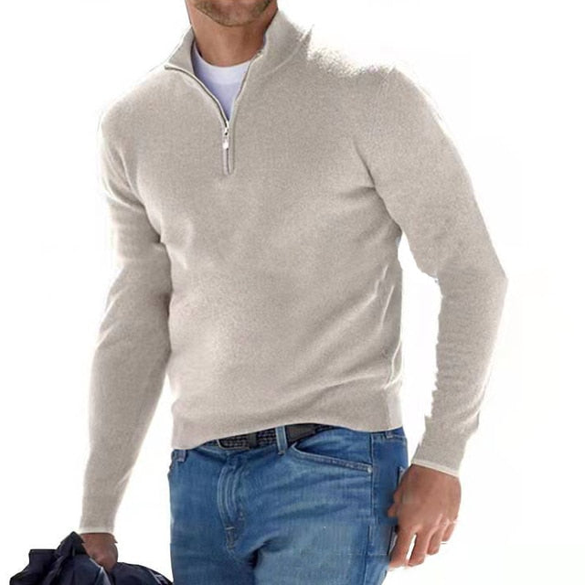 Herre-pullover med halvhøj lynlås, afslappet kontorstil, blød strik og moderne, tætsiddende pasform