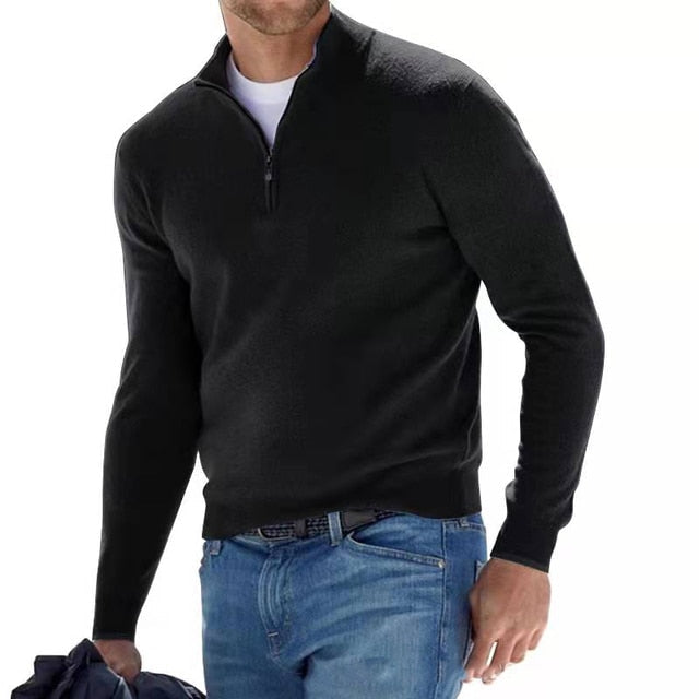 Herre-pullover med halvhøj lynlås, afslappet kontorstil, blød strik og moderne, tætsiddende pasform