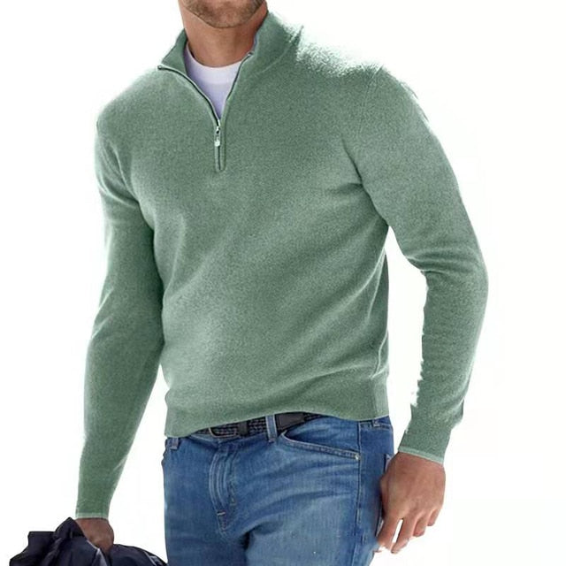 Herre-pullover med halvhøj lynlås, afslappet kontorstil, blød strik og moderne, tætsiddende pasform
