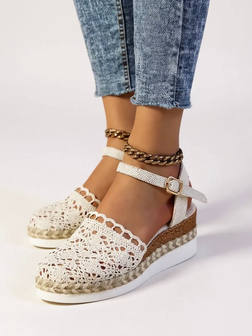 Dámské sandály na klínku - espadrilky s kotníkovým páskem - volný čas