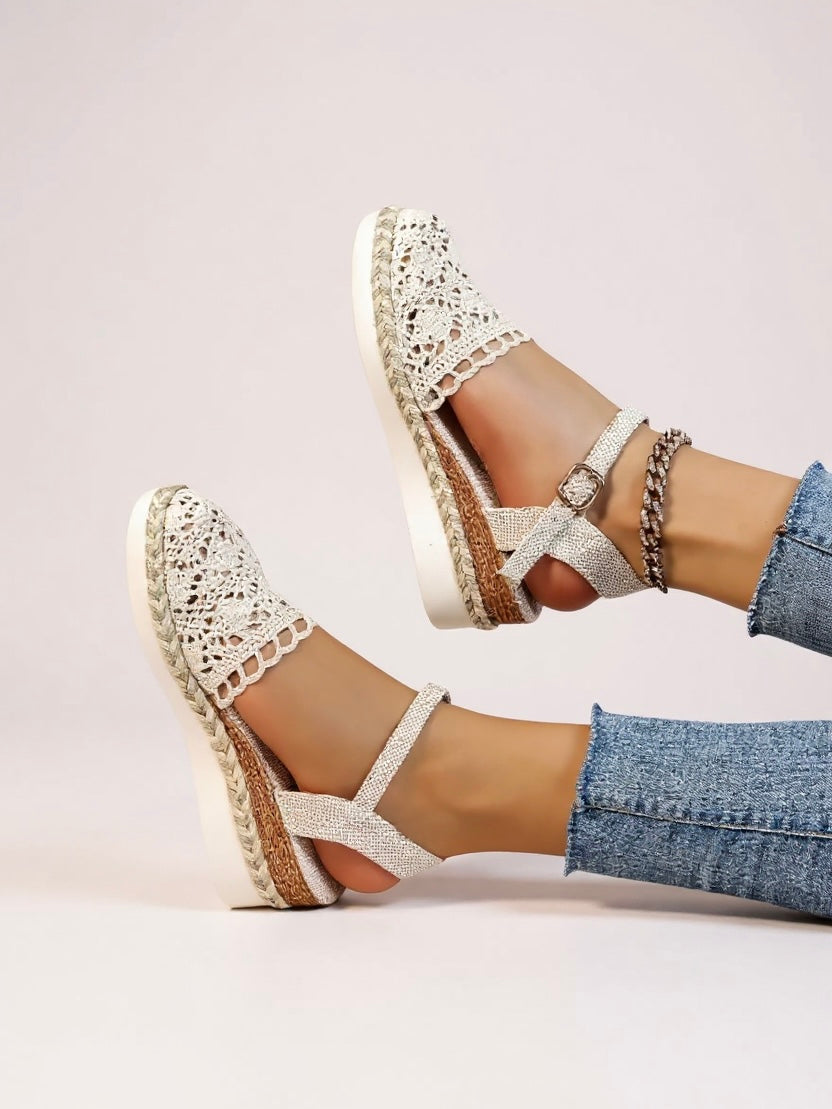 Dámské sandály na klínku - espadrilky s kotníkovým páskem - volný čas