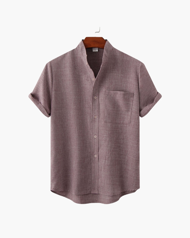 Chemise à Col Mandarin en Mélange de Coton pour Homme avec Manches Courtes