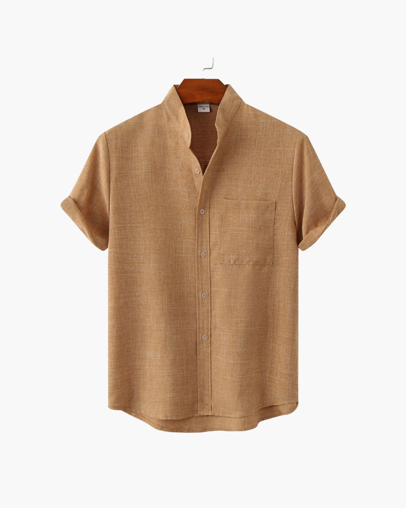 Chemise à Col Mandarin en Mélange de Coton pour Homme avec Manches Courtes