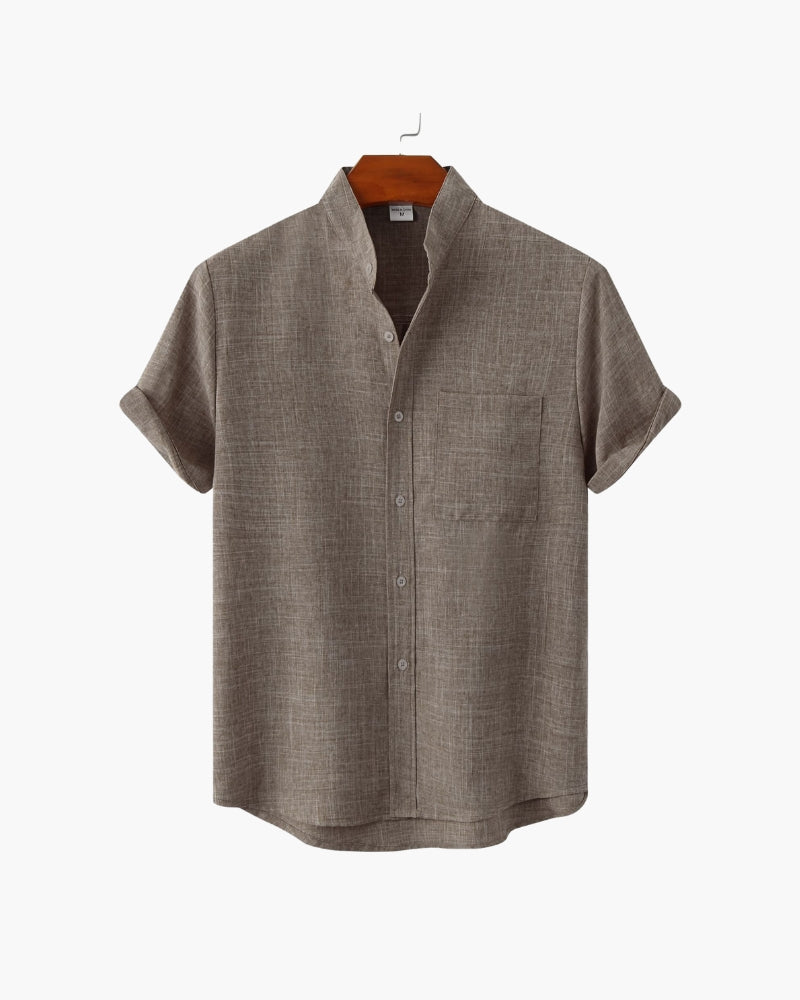 Chemise à Col Mandarin en Mélange de Coton pour Homme avec Manches Courtes