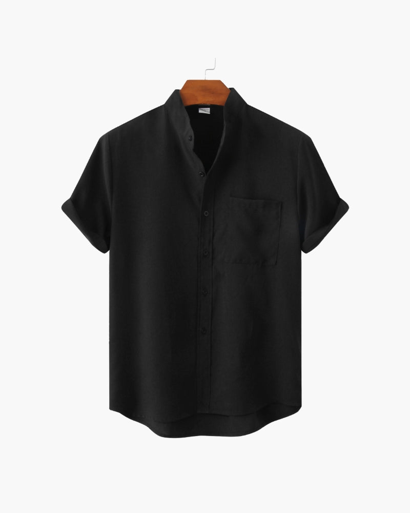 Chemise à Col Mandarin en Mélange de Coton pour Homme avec Manches Courtes