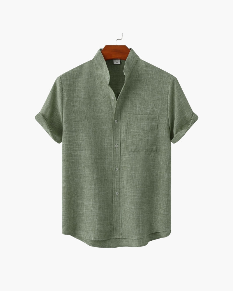 Chemise à Col Mandarin en Mélange de Coton pour Homme avec Manches Courtes