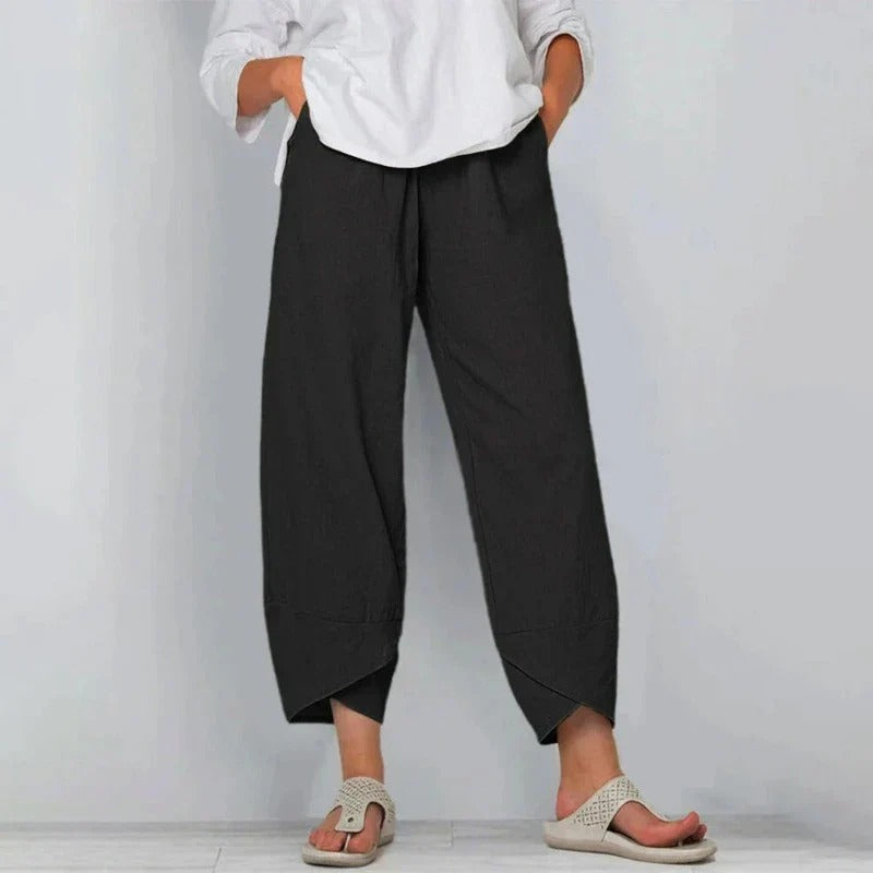 Pantalon Large en Coton et Lin à Taille Élastique et Ourlet Croisé pour Femme