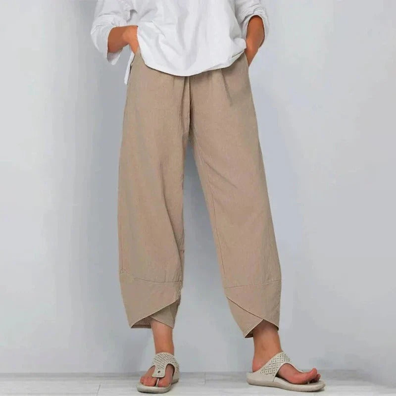 Pantalon Large en Coton et Lin à Taille Élastique et Ourlet Croisé pour Femme