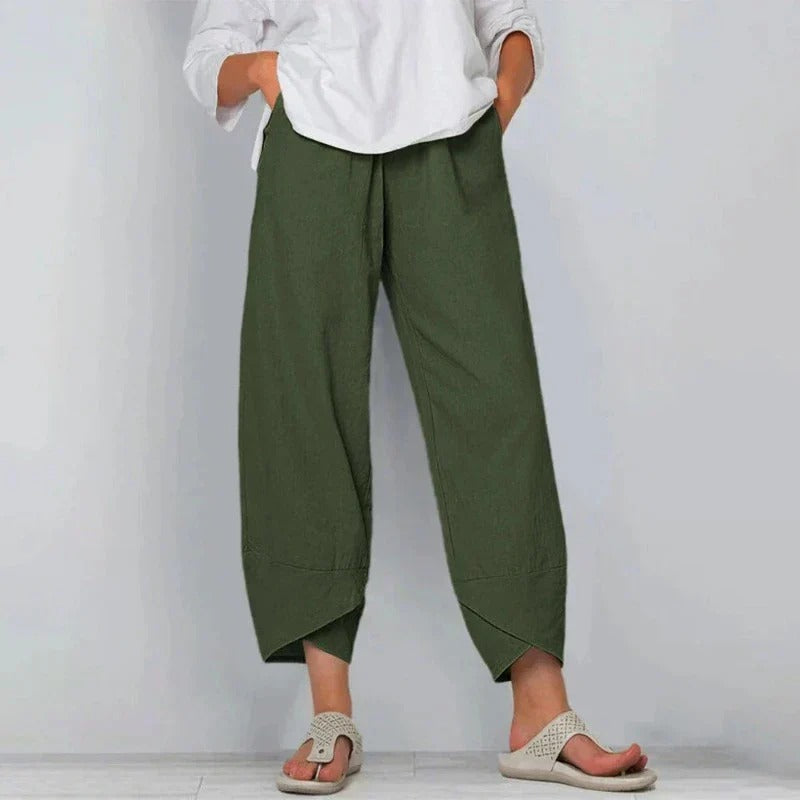 Pantalon Large en Coton et Lin à Taille Élastique et Ourlet Croisé pour Femme