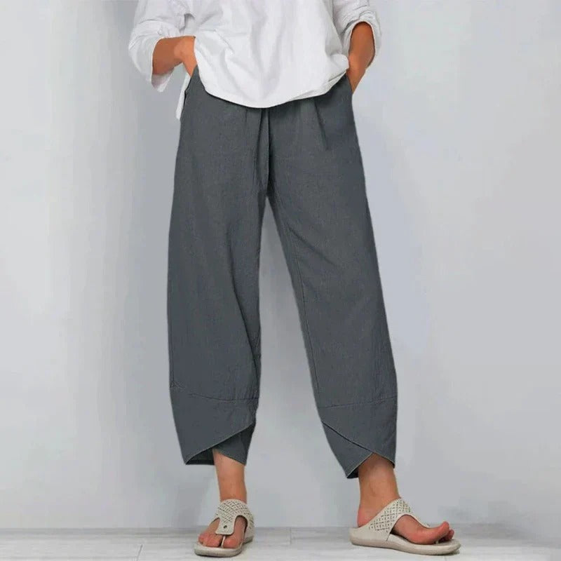 Pantalon Large en Coton et Lin à Taille Élastique et Ourlet Croisé pour Femme