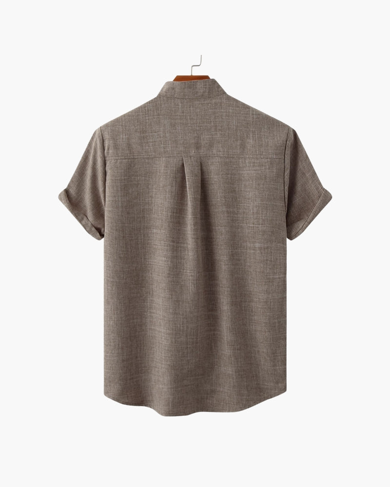 Chemise à Col Mandarin en Mélange de Coton pour Homme avec Manches Courtes