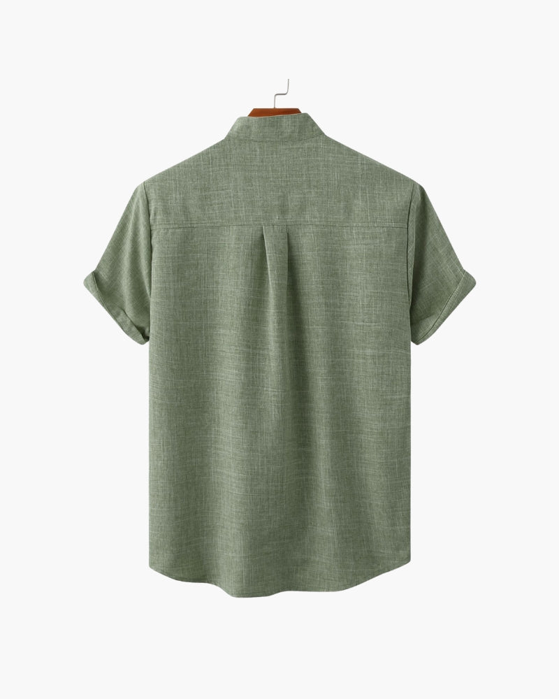 Chemise à Col Mandarin en Mélange de Coton pour Homme avec Manches Courtes