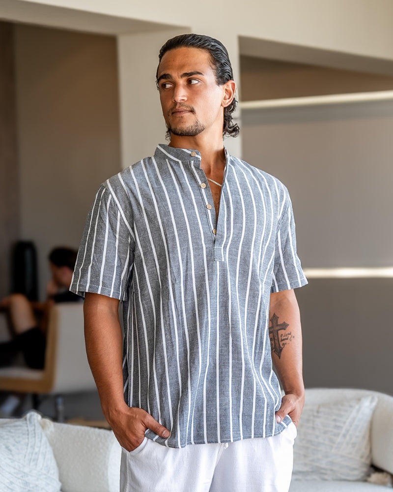Chemise en Lin à Rayures pour Homme avec Col Officier et Manches Courtes