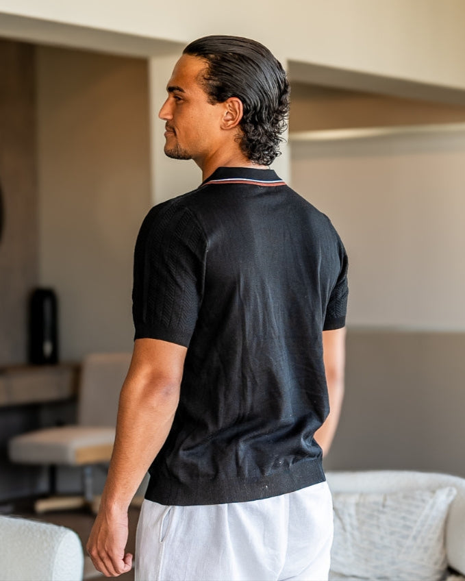 Polo en Maille à Manches Courtes pour Homme avec Col Contrasté et Texture Herringbone