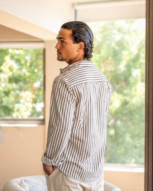 Striped Long Sleeve Shirt in Cotton Blend with Chest Pocket for Men