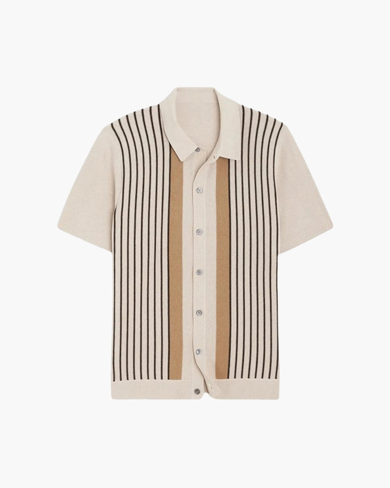 Stribet strikket polo til mænd med korte ærmer, knapper og klassisk krave