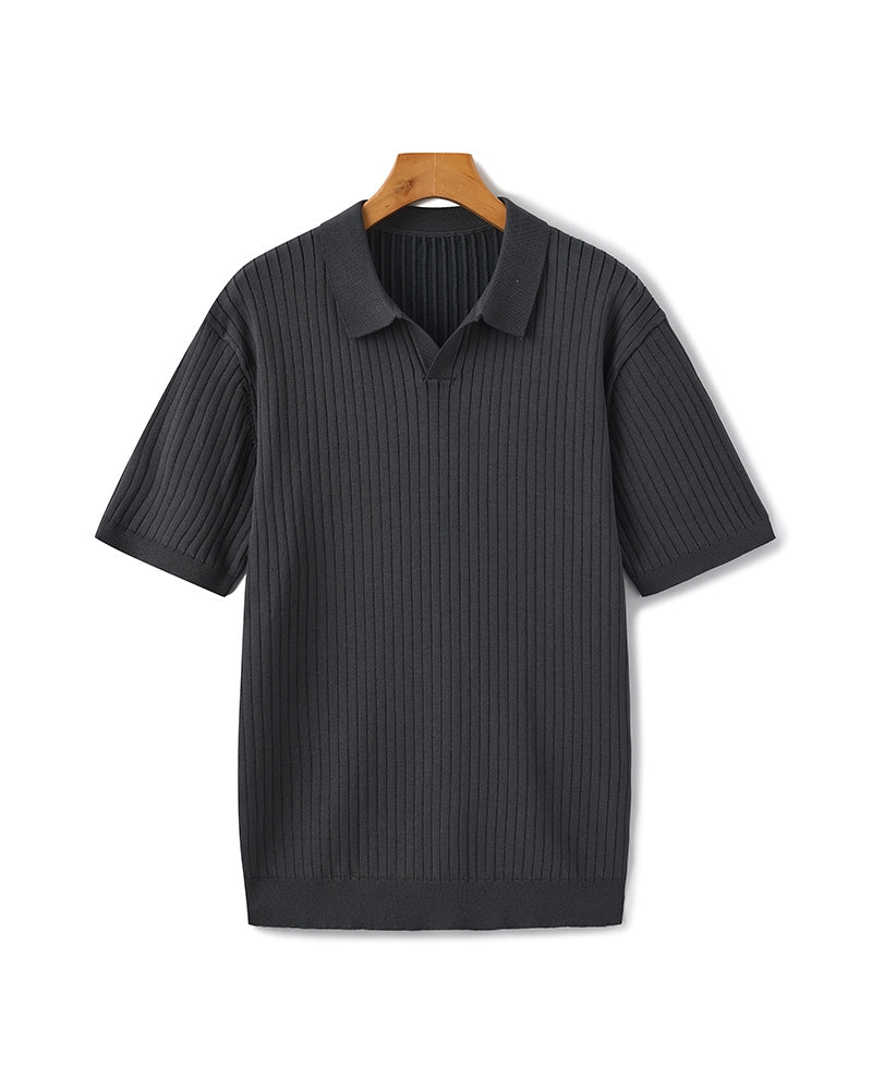 Pánské polo z žebrovaného úpletu s krátkými rukávy a otevřeným límečkem, slim fit