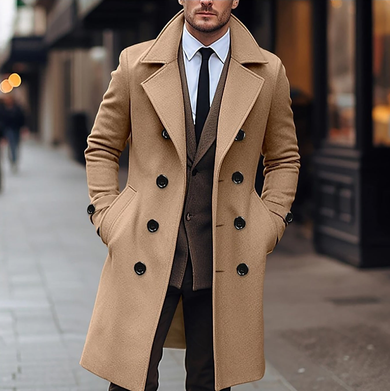 Abrigo largo de hombre en lana, formal y profesional, con botones cruzados y cuello vuelto, estilo urbano.