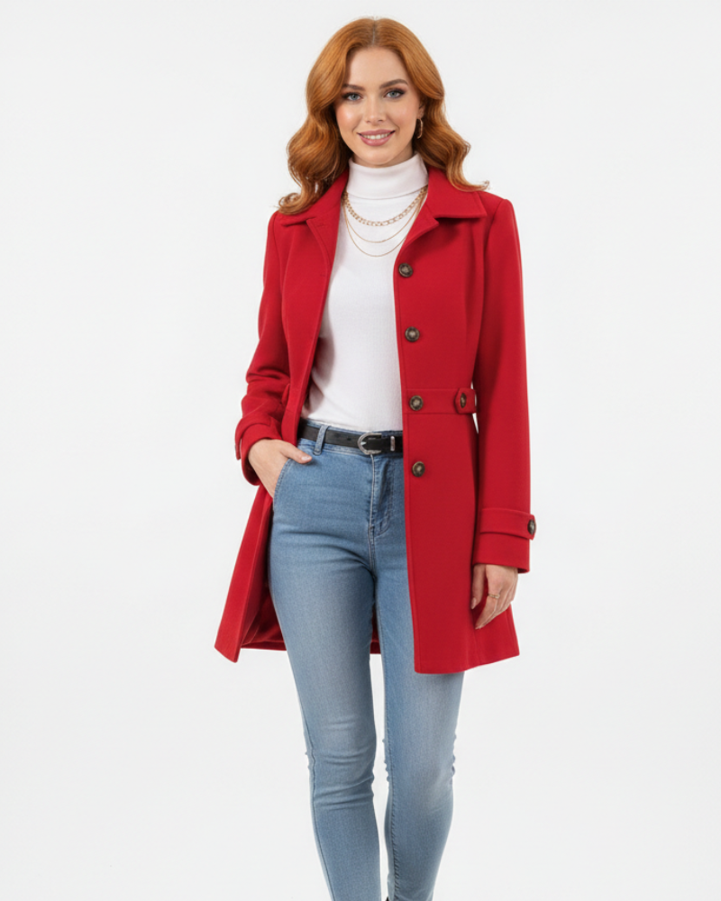 Manteau femme élégant coupe mi-longue boutonnage classique style intemporel