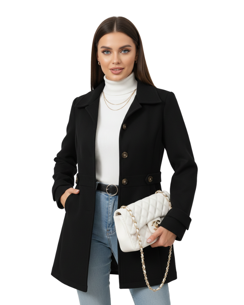 Manteau femme élégant coupe mi-longue boutonnage classique style intemporel