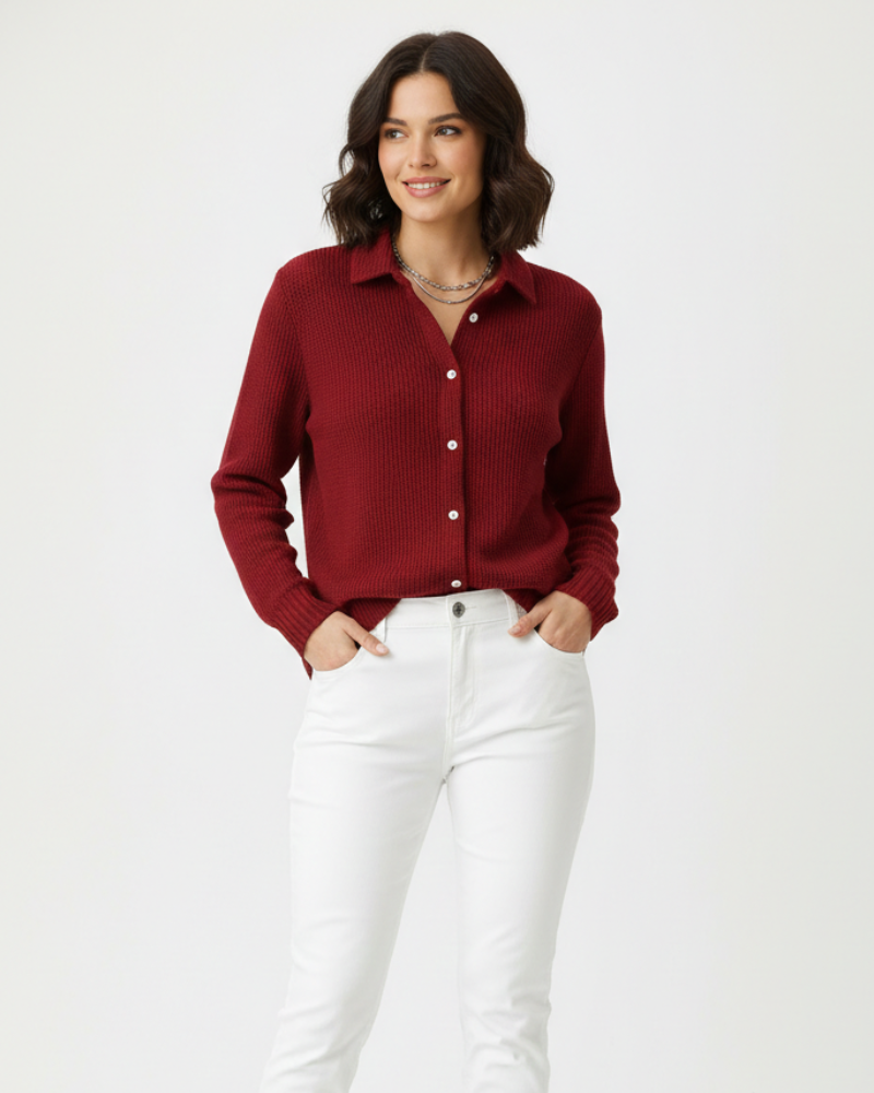 Cardigan en Coton Mélangé Ajusté avec Col Chemise et Manches Longues pour Femme