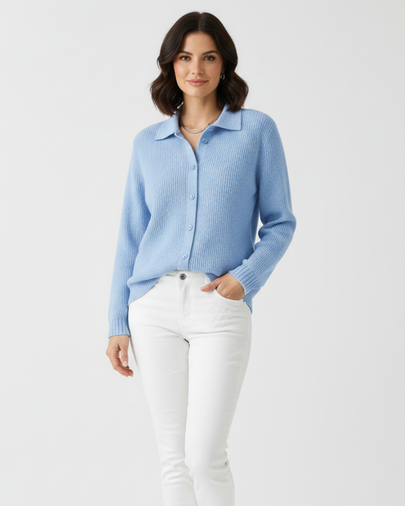 Cardigan en Coton Mélangé Ajusté avec Col Chemise et Manches Longues pour Femme