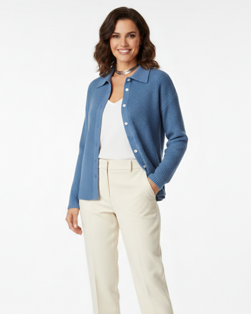 Cardigan en Coton Mélangé Ajusté avec Col Chemise et Manches Longues pour Femme