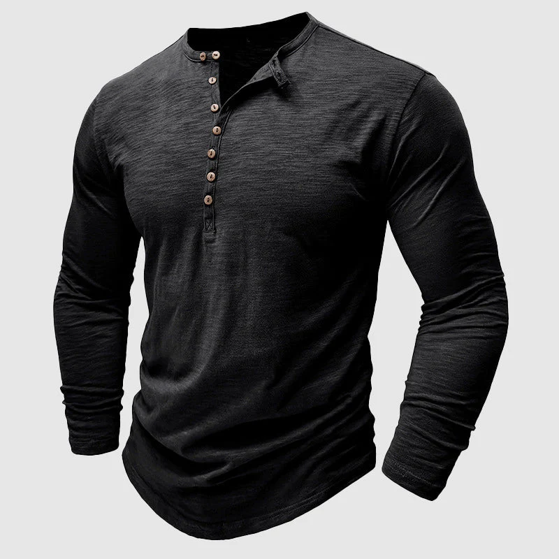 Langærmet T-shirt til mænd, hverdagsbrug, Henley-udskæring, komfortabel, åndbar og afslappet