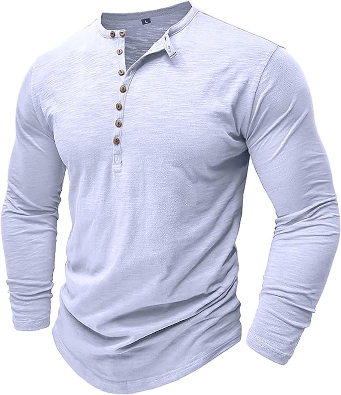 Langærmet T-shirt til mænd, hverdagsbrug, Henley-udskæring, komfortabel, åndbar og afslappet