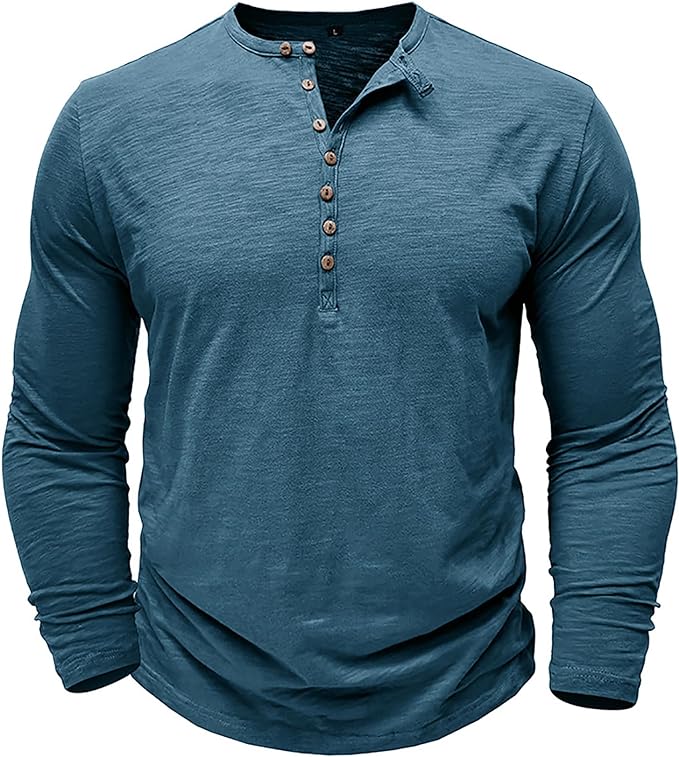 Langærmet T-shirt til mænd, hverdagsbrug, Henley-udskæring, komfortabel, åndbar og afslappet