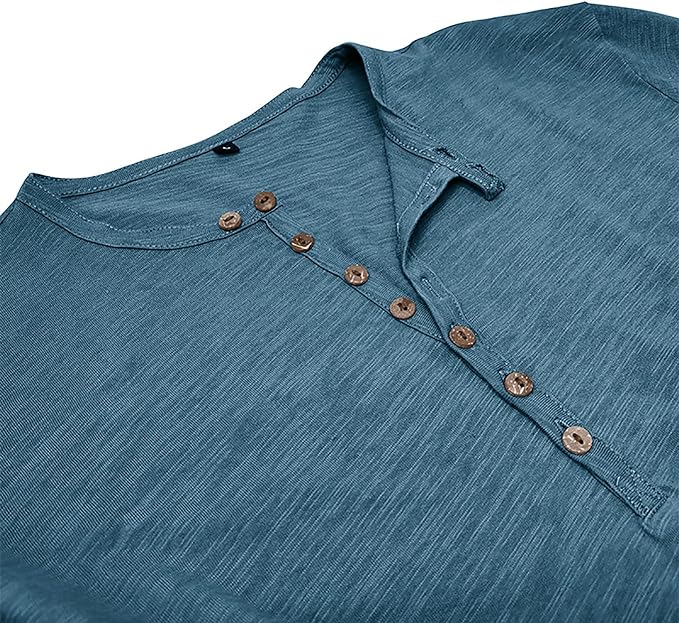 Langærmet T-shirt til mænd, hverdagsbrug, Henley-udskæring, komfortabel, åndbar og afslappet