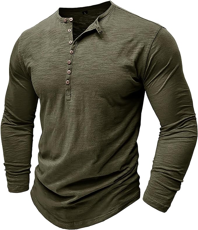 Langærmet T-shirt til mænd, hverdagsbrug, Henley-udskæring, komfortabel, åndbar og afslappet