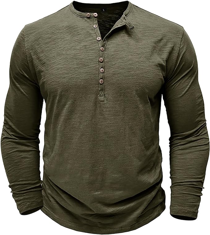 Langærmet T-shirt til mænd, hverdagsbrug, Henley-udskæring, komfortabel, åndbar og afslappet