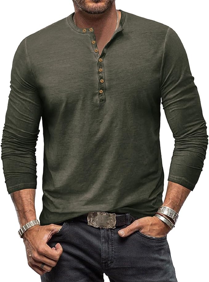 Langærmet T-shirt til mænd, hverdagsbrug, Henley-udskæring, komfortabel, åndbar og afslappet